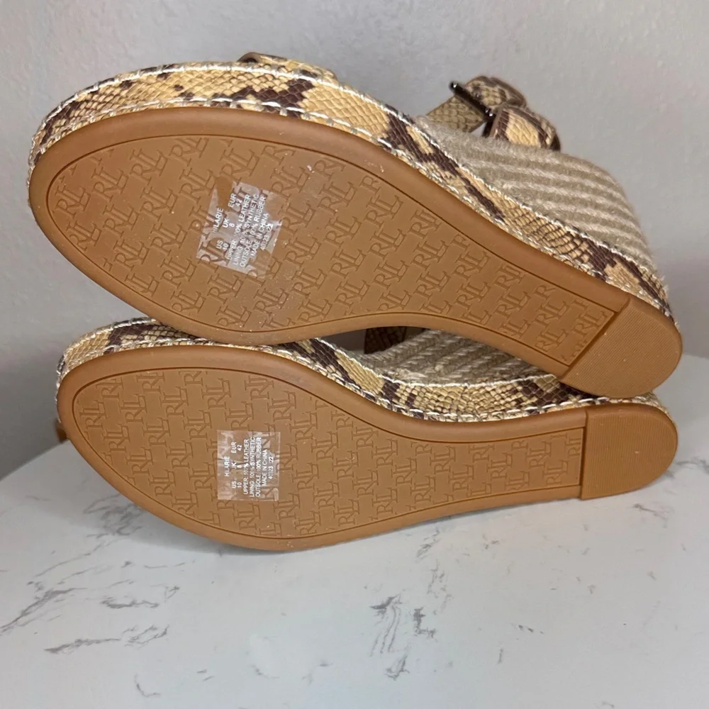 Lauren Ralph Lauren‎ Hilarie Ankle Strap Espadrille Tan Snake Print Wedges - 10